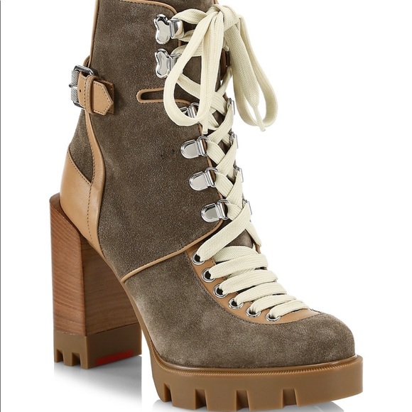 NEW IN BOX Size 37 7 Christian Louboutin Combat Boot Bootie Lug Sole Tan Beige - Picture 2 of 14